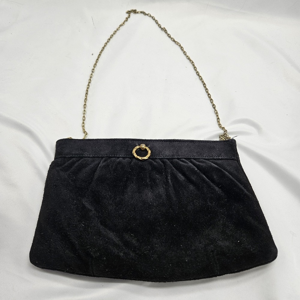Vintage 90s Sueded Hinged Frame Clutch Oyster Clam Purse Handbag Chain Strap
